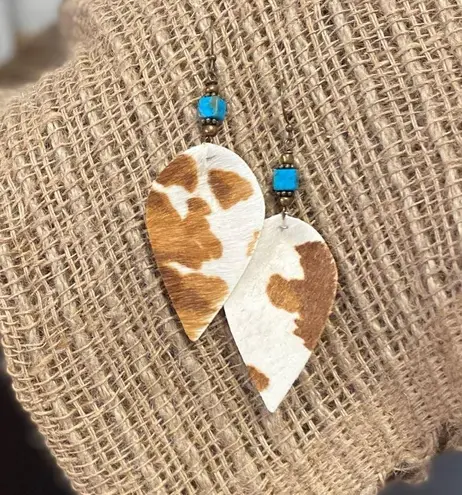 Cowprint turquoise dangle drop boho earrings artisan hand crafted unique Brown