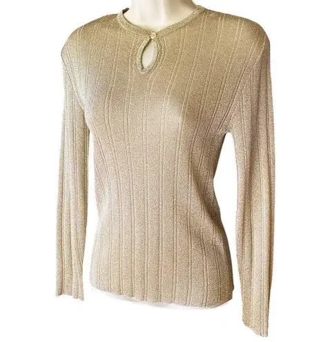 Vintage Metallic Gold BERDORF GOODMAN Keyhole Front Sparkly Sweater ~ Size SMALL