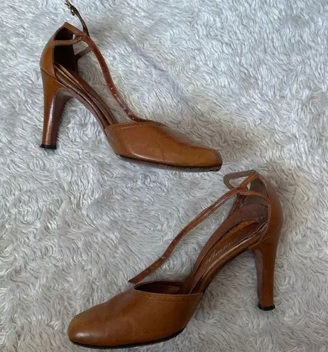 Nordstrom Vintage  7.5 Brown Tan Leather Cutout Accent D'Orsay Pumps Heels Strap