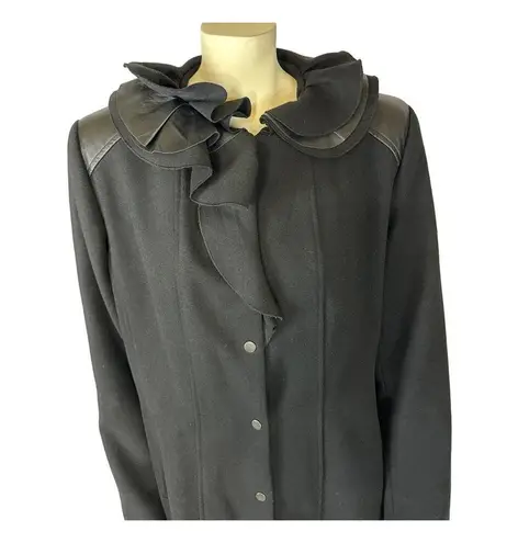 T Tahari Elie Tahari 100% Wool Black Fitted Layered Leather Ruffle Collar Coat size XL