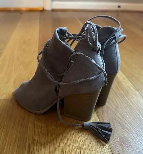 Qupid Taupe Peep Toe Boot Chunky Heel Shoes