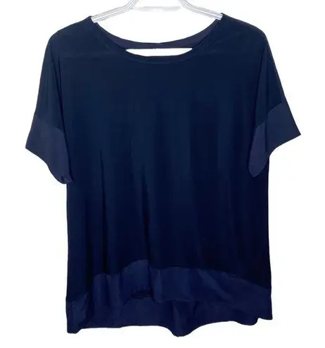 Nic+Zoe navy satin tipped relaxed cut short sleeve blouse size S