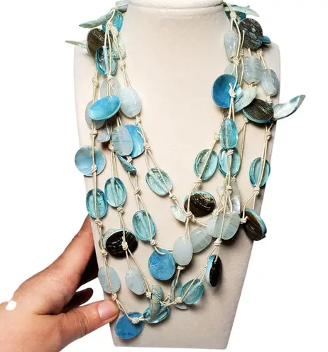 Blue Glass Bead Shell Multi Strand Necklace Extra Long 32" Beachy
