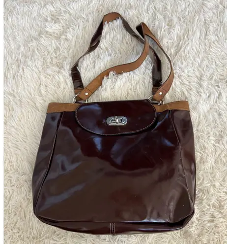 Brown Tote Bag Purse Shoulder Bag Vintage Style Flap Over Closure Work School