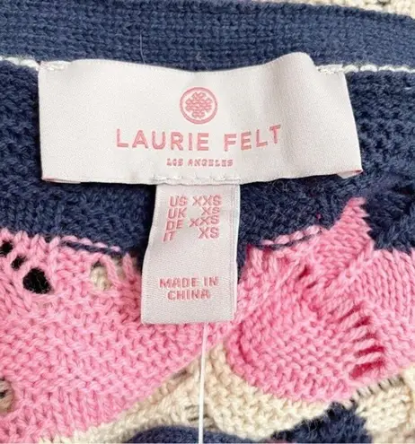 Laurie Felt Pointelle Knit Maxi Cardigan Duster Sweater Navy Pink Tan Size XXS
