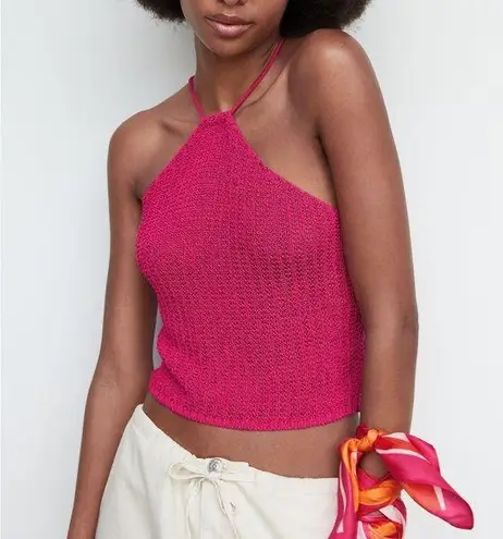 Mango MNG  Pink Crochet Knit Cropped Halter Tank Top Size Medium