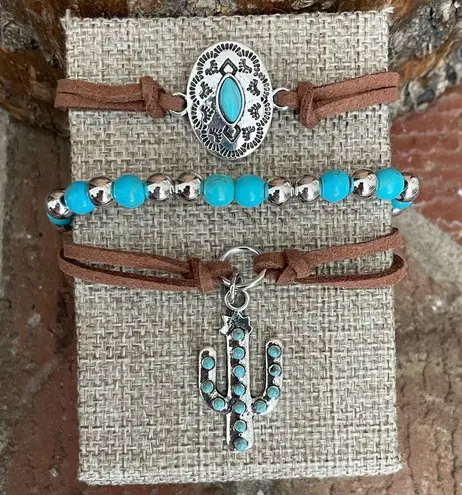 Concho and Saguaro Cactus Faux Leather Bracelet Set Blue