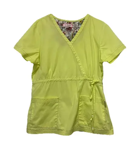 Koi By Kathy Peterson Womens Size Large Bright Yellow Scrub Top With Flowers