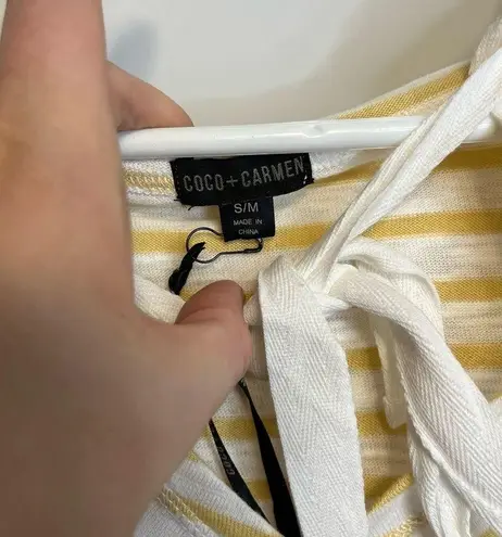 Coco + Carmen Yellow & White Striped Drawstring Hooded Tunic Shirt Sz S/M