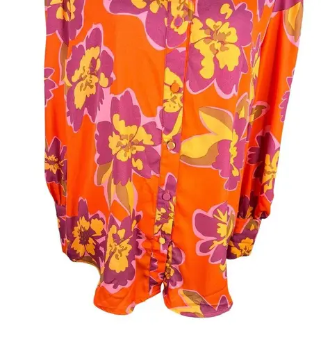 BTFBM Retro Button Down Large Shirt Top Bright Colors Lapel V Neck Orange