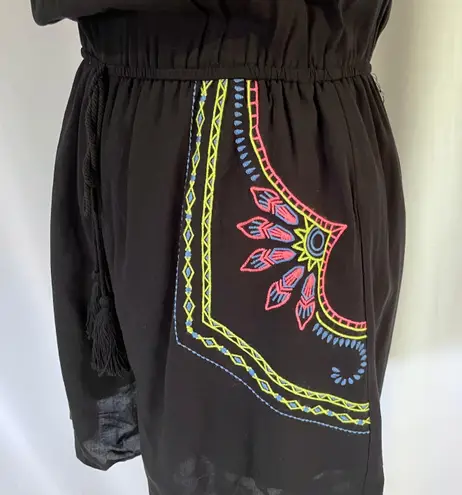 cupio New  Neon Embroidered Tie Back Romper V-Neck Sleeveless Black Multi