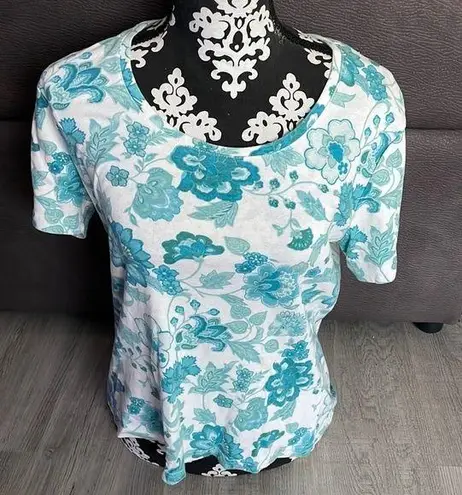 Gloria Vanderbilt White with Blue/Green Flower Print T-Shirt Size Large