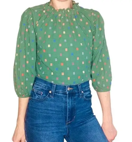 Ro & De Anthropologie  Green Ruffle Colorful Square Blouse