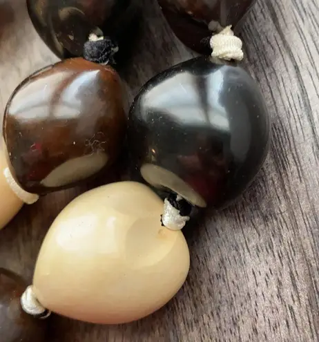 Handmade Original Hawaiian Lei Necklace Tri-Color Kukui Nuts black brown cream tan