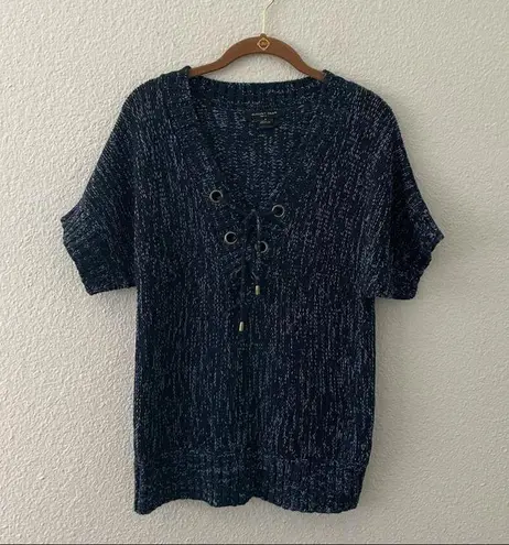 August Silk Blue Lace Up V-Neck Sweater Top Short Sleeve