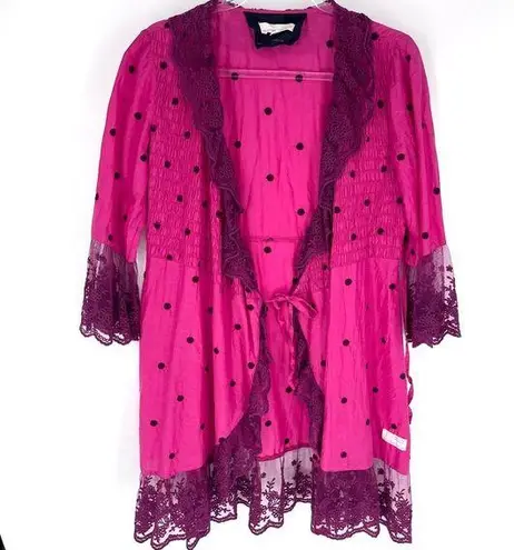 Odd Molly Polka Dot Tie Front Kimono with Lace Trim Magenta Burgundy Size L