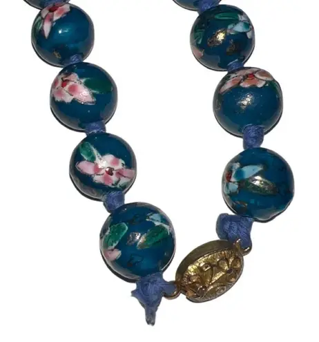 Chinese Export Hand Painted Floral Turquoise Vtg Porcelain Bead Necklace Blue