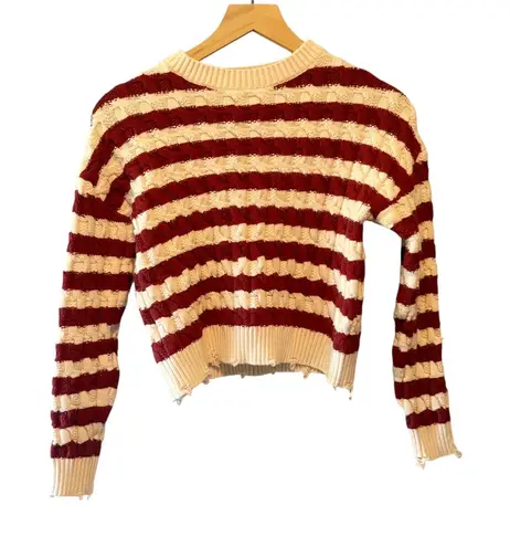 LNA Clothing Striped Cable Knit Cropped Sweater Burgundy Cream Extra Small