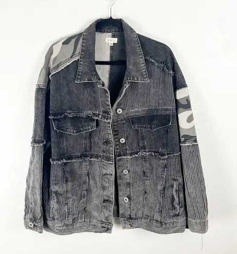 POL  Black Wash Corduroy Camo Jean Mixed Prints Long Sleeves Button Jacket Medium - Image 1