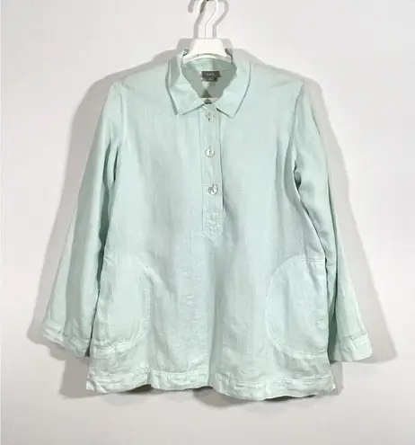 J.Jill Seafoam Green Long Sleeve 3 Button Tunic Jersey Lined Linen Pockets Small