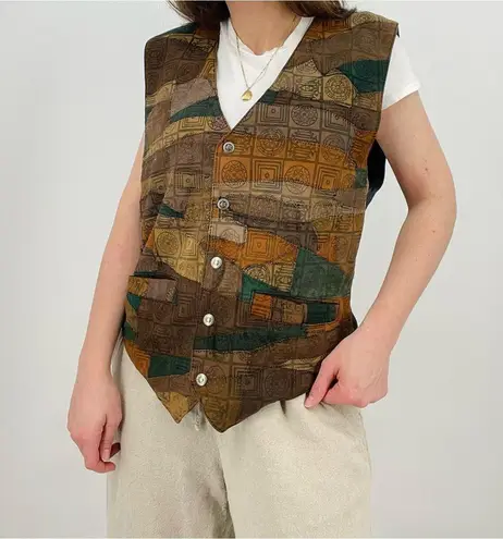 vintage eclectic button down vest patterned earth tone size xl Brown - Image 5
