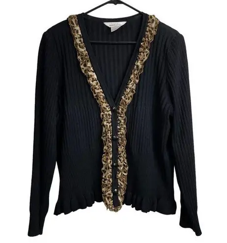 Exclusively Misook Cardigan Large Womens Black Tan Ribbed Ruffle Animal Print