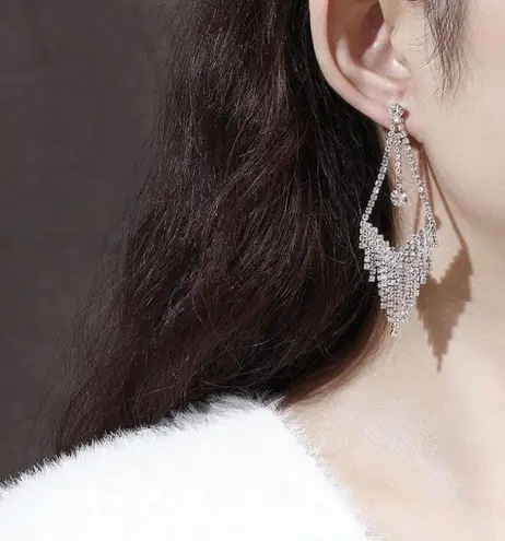 Women's Cubic Zirconia Diamond Long Tassel Dangle Drop Earrings Silver