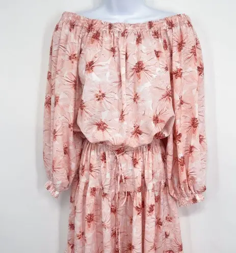 Alexis Tilia Off the Shoulder Floral Print Tiered Midi Dress Tassel Tie Pink