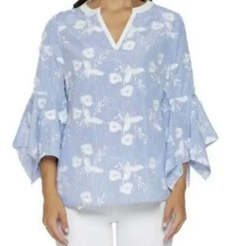 Lysse Blue & White Embroidered 3-D Floral Applique Tunic Top XS