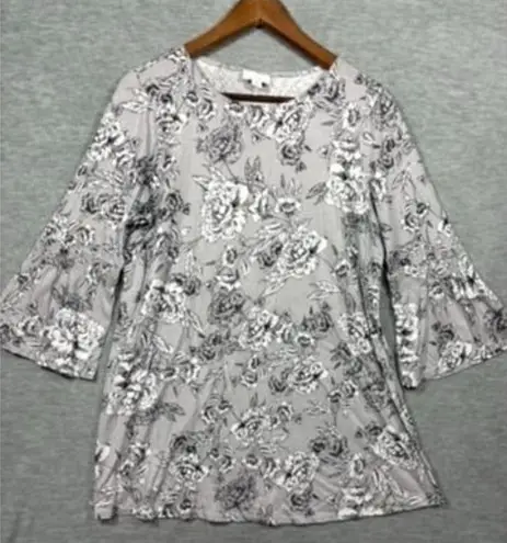 J Jill Womens Tunic Top M Floral Bell Sleeve Gray & White Size M