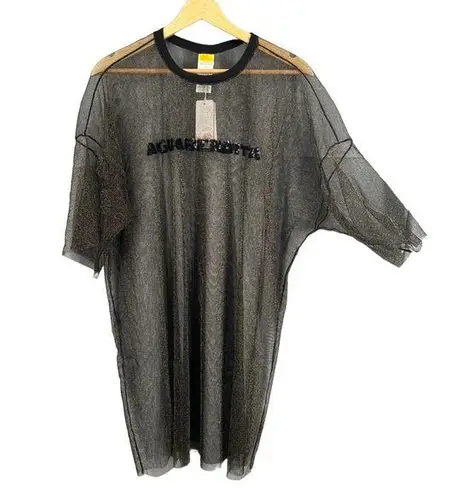 Agua Bendita Top Black Gold Metallic Sheer Mesh Sequin Logo Oversized Large New