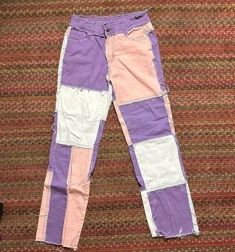 PINK PURPLE & WHITE PATCHWORK STRETCH JEANS Size 27