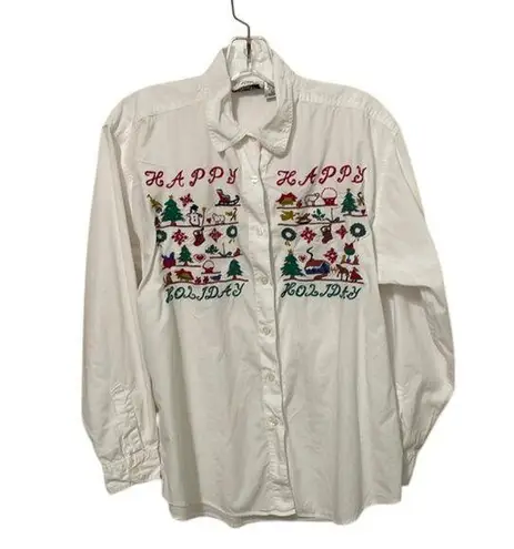 Erika & Company Vintage White Cotton Holiday Embroidered Shirt Womens Size Large