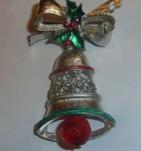 2 Vintage Xmas Christmas Holiday Brooches Pins, Gingerbread Man, Silver Bell EUC