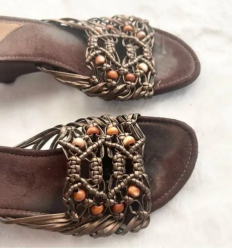 Life Stride Jitter Brown & Gold Strappy Beaded Block Heel Slides Women's Size 6