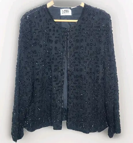 Vtg 80s Niteline Black Silk Beaded Womens Evening Floral Party Formal Jacket Size L