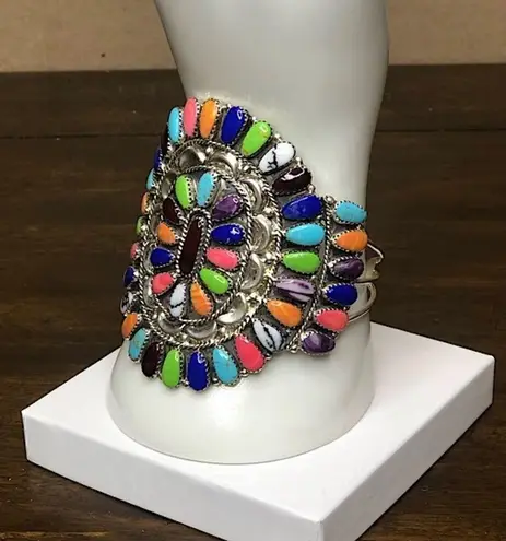 Sterling Silver Petit Point Gemstone and Handcrafted Native American Navajo Cuff