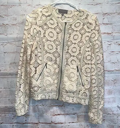 Neiman Marcus XS Moto Jacket ivory zip front faux leather trim pockets crochet