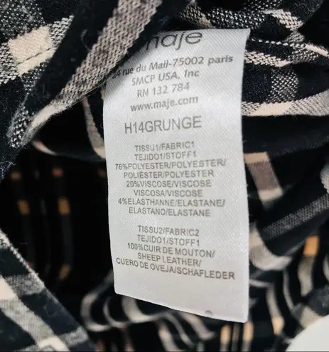 Maje Majé Grunge Leather Trimmed Black & White Plaid Flannel Shirt Size Large 12/14