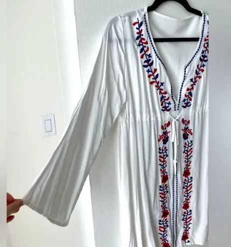 Boho Embroidered Tunic Dress OS/L Floral Plunge Neck Tunic Swim Coverup Kaftan White Size L