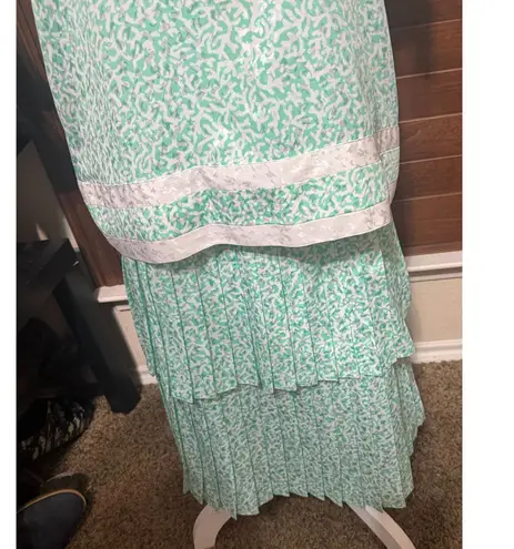 Vintage Maggy Boutique Skirt Set sz 12 Green White Satin 80s Pleated Tiered Midi