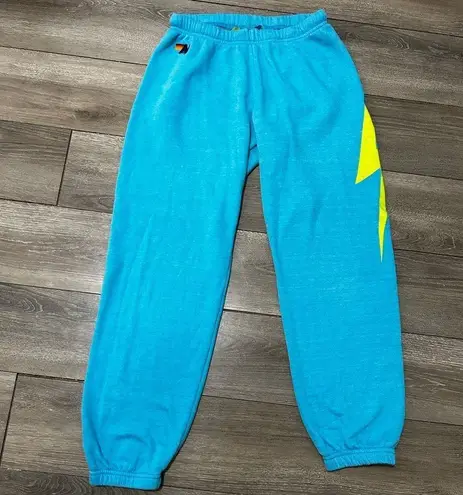Aviator Nation Light Blue Turquoise Heather Sweatpants Yellow Lightening Bolt