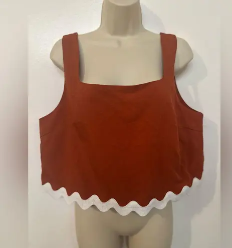 Pretty Garden Large Rust Orange Cropped Tank Blouse White Squiggly Hem. NWT!