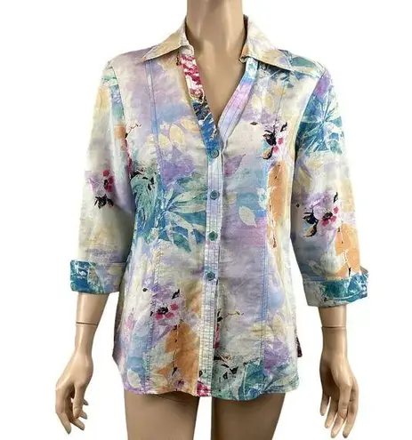 Harvé Benard Harve Bernard Linen Blend Floral Short SLeeve Button Down Shirt Top Size Large