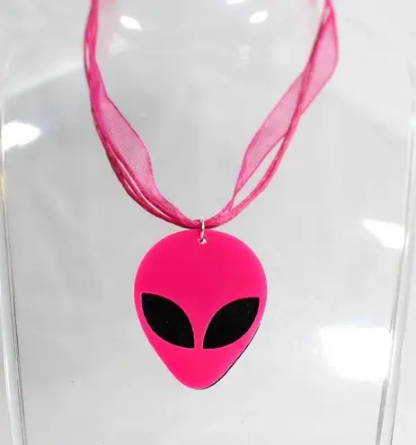 90s Inspired Neon Hot Pink 'They are Out There" Alien Ribbon Waxed Cord Necklace