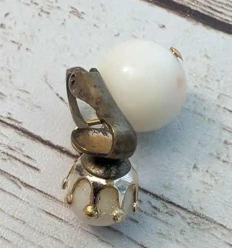 Vintage Clip On Earrings Ball Duo Dangle Off White with Pink Hues