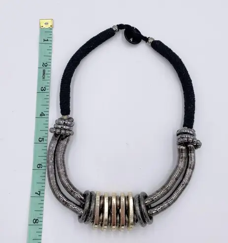 Vintage Metal Loop Black Cord Rope Statement Necklace Chunky Steampunk Brutalist