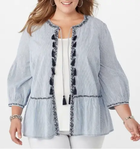 Westport | Seersucker Tassel Front Blue & White Lightweight Jacket Topper | XL