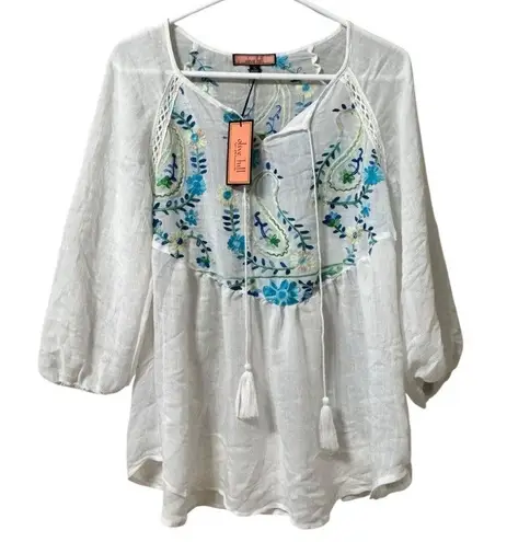 Anthropologie Olive Hill Embroidered Boho Peasant Floral Tunic Top Sz Small NWT White