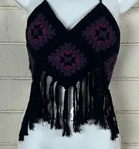 American Vintage Crochet Black Fringe Halter one size